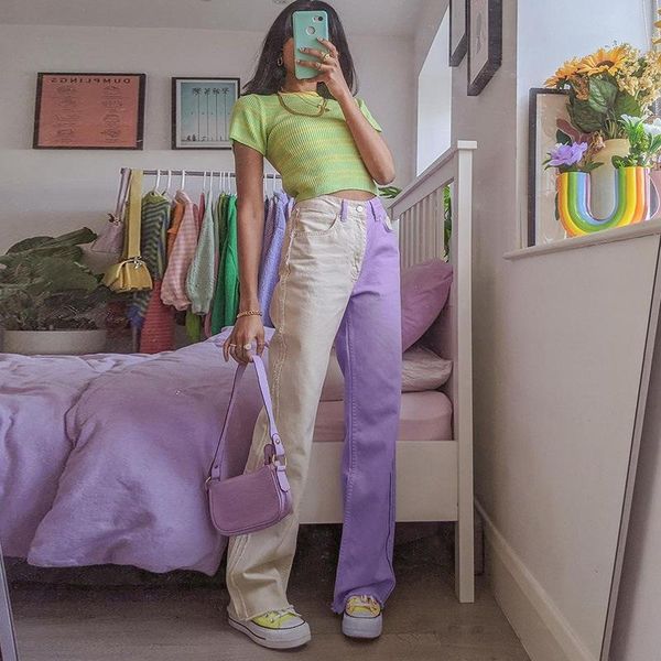 women's jeans european and american style stitching contrast color personality high-waist straight loose street casual trousers trendy, Blue
women's jeans european and american style stitching contrast color personality high-waist straight loose street casual trousers trendy, Blue