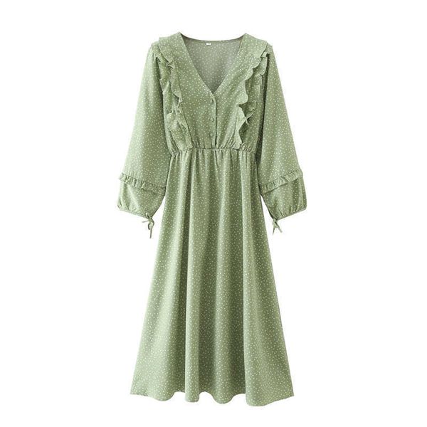 women vintage polka dot dress with ruffled trims v-neck wrist sleeves buttoned midi boho dresses woman robe 210709, Black;gray
women vintage polka dot dress with ruffled trims v-neck wrist sleeves buttoned midi boho dresses woman robe 210709, Black;gray