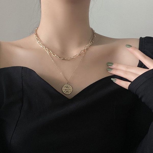 pendant necklaces european and american retro double necklace gold-plated geometric embossed gold coin clavicle chain fashion accessory, Silver
pendant necklaces european and american retro double necklace gold-plated geometric embossed gold coin clavicle chain fashion accessory, Silver