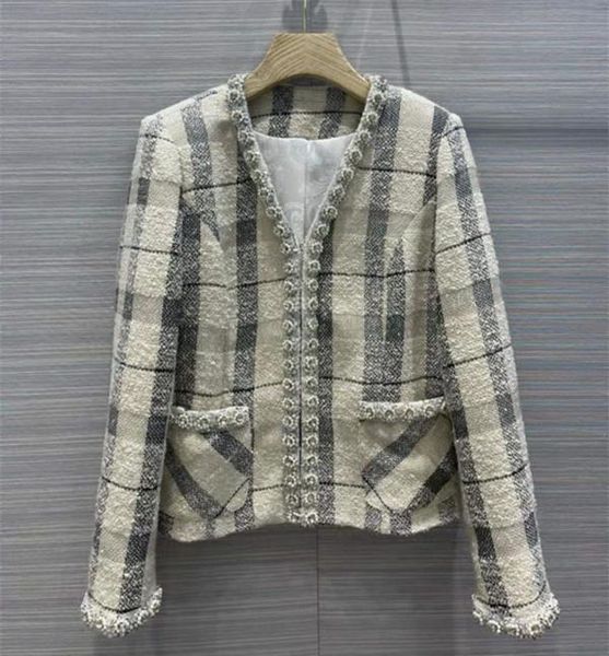 women's wool & blends european and american wear autumn 2022 long-sleeved v-neck fashion beaded plaid tweed coat, Black
women's wool & blends european and american wear autumn 2022 long-sleeved v-neck fashion beaded plaid tweed coat, Black