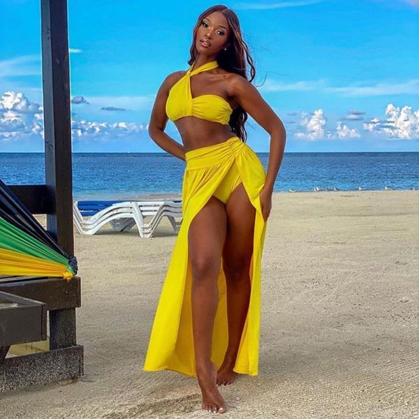 women's swimwear summer long dress solid color hanging neck bikini split swimsuit beach skirt two-piece women, White;black
women's swimwear summer long dress solid color hanging neck bikini split swimsuit beach skirt two-piece women, White;black