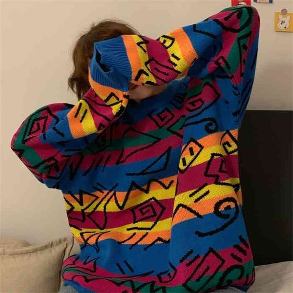 chic retro crazy style loose pull femme graffiti lover rainbow striped knit sweater o neck long sleeve patch pulllover, White;black
chic retro crazy style loose pull femme graffiti lover rainbow striped knit sweater o neck long sleeve patch pulllover, White;black