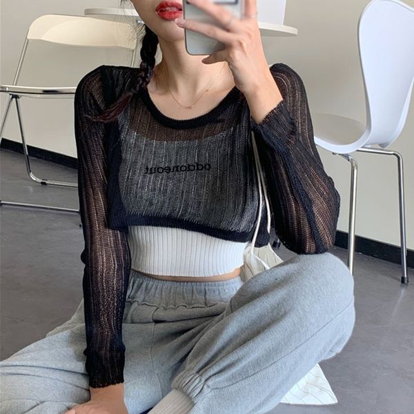 women's t-shirts conked hollow dunne shared sea-through long mouwen suurn cream t-shirt navel knit tees, White
women's t-shirts conked hollow dunne shared sea-through long mouwen suurn cream t-shirt navel knit tees, White