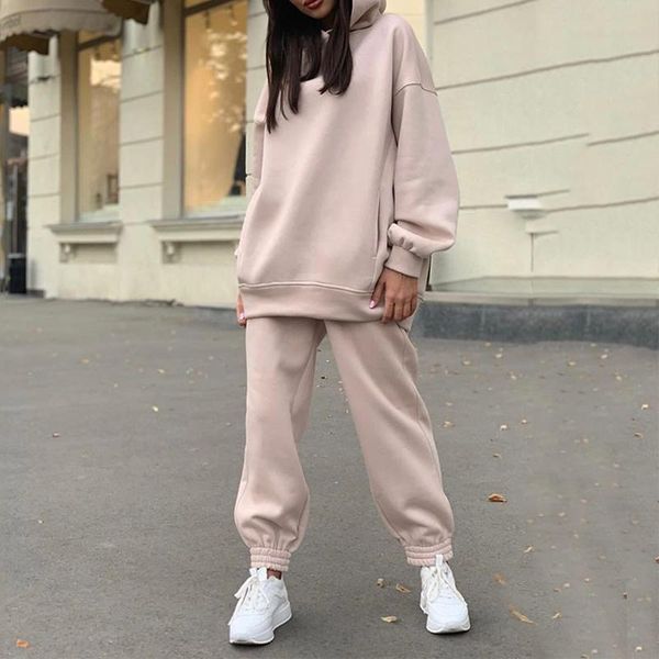 two piece set casual fleece tracksuit women winter 2021 women's sets oversized hooded long sleeve hoodie sport pants lady suit, White 
two piece set casual fleece tracksuit women winter 2021 women's sets oversized hooded long sleeve hoodie sport pants lady suit, White