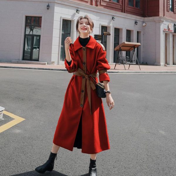 women's wool & blends winter woolen jacket red stitching long loose thick padded lapel single-breasted ladies cloak fashion casual coat, Black
women's wool & blends winter woolen jacket red stitching long loose thick padded lapel single-breasted ladies cloak fashion casual coat, Black