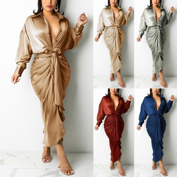 casual dresses lace up for women 2021 autumn v neck sundress lapel pleated long sleeve party roupas femininas robe femme, Black;gray 
casual dresses lace up for women 2021 autumn v neck sundress lapel pleated long sleeve party roupas femininas robe femme, Black;gray