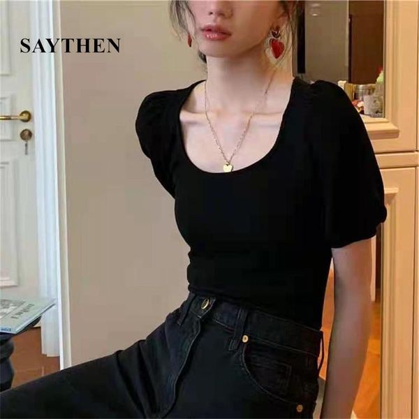 women's t-shirt 2021 black lady elegant clavicle u-neck knitted puff sleeve women short solid mercerized cotton pullovers tee, White
women's t-shirt 2021 black lady elegant clavicle u-neck knitted puff sleeve women short solid mercerized cotton pullovers tee, White