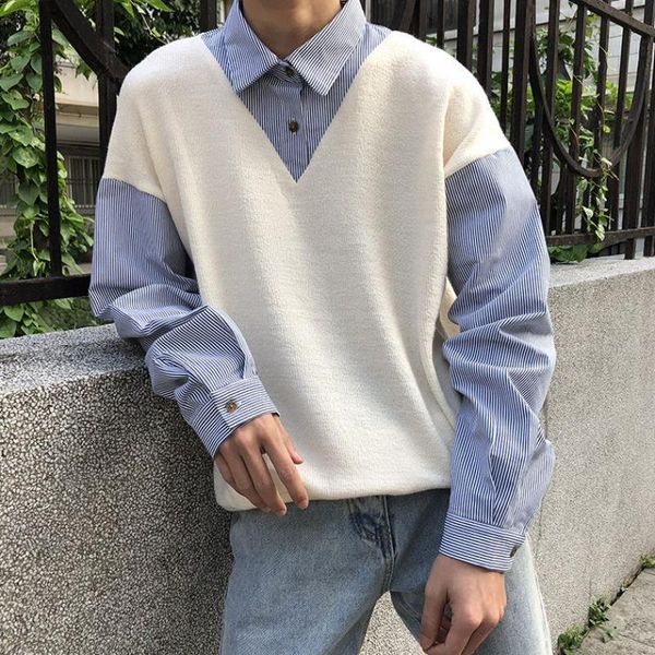 men's sweaters fake two autumn hong kong style thin shirt collar bf korean chic coat student sweater fashion, White;black
men's sweaters fake two autumn hong kong style thin shirt collar bf korean chic coat student sweater fashion, White;black