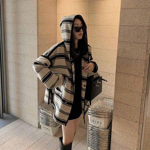 women's wool & blends 2021 autumn and winter wemperament loose retro striped woolen coat trench slimming long legs women, Black
women's wool & blends 2021 autumn and winter wemperament loose retro striped woolen coat trench slimming long legs women, Black