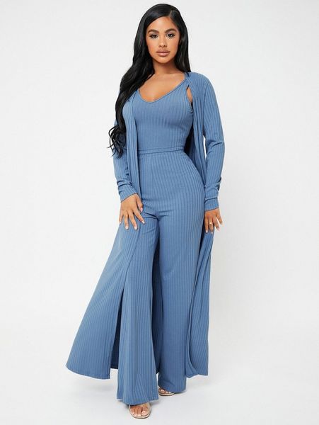 sxy open front rib-knit coat & pants set with camisole 97xs#, White