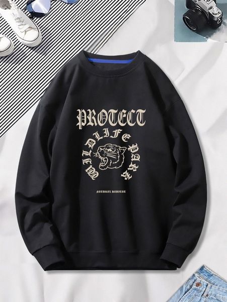 men tiger and letter graphic sweatshirt 94jy#, Black