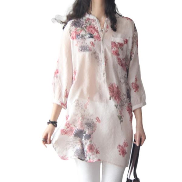 women's blouses & shirts three quarter sleeved floral linen womenn 2021 summer vintage v-neck thin casual female long outwear, White
women's blouses & shirts three quarter sleeved floral linen womenn 2021 summer vintage v-neck thin casual female long outwear, White