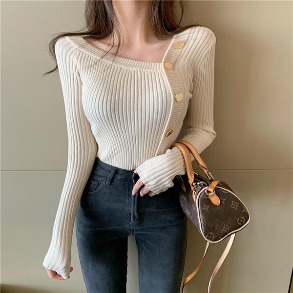 women's sweaters fashion korean woman sweater knitted long sleeve women 2021 fall off shoulder single-breasted cute pullovers tunic, White;black
women's sweaters fashion korean woman sweater knitted long sleeve women 2021 fall off shoulder single-breasted cute pullovers tunic, White;black