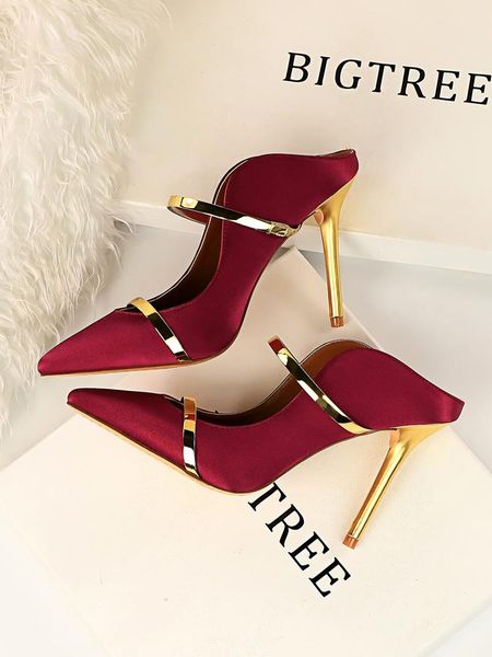 slippers fashion women's pointed toe high heels shoes metal strap satin m49, Black
slippers fashion women's pointed toe high heels shoes metal strap satin m49, Black