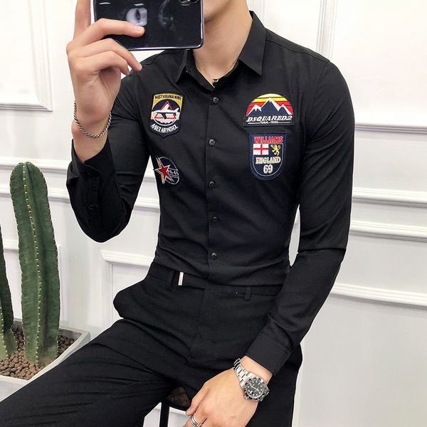 2021 korean badge design long fashion sleeve dressed in men's solid casual shirt thin fit shirts xhp3, White;black
2021 korean badge design long fashion sleeve dressed in men's solid casual shirt thin fit shirts xhp3, White;black