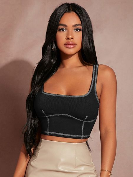 sxy contrast stitch rib-knit crop tank i72g#, White