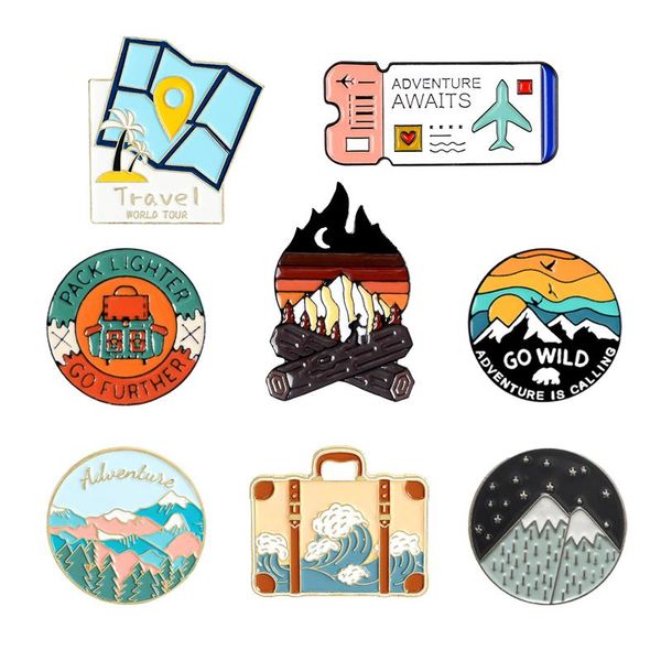 pins, brooches camping explore enamel pin bonfire cartoon air ticket pins brooch scenery lapel jewelry gift for adventure lovers wholesale, Gray