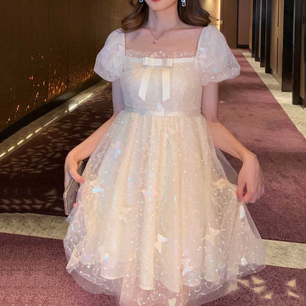 french puff sleeve kawaii dres mesh korean slim party sequins female summer evening y2k 210604, Black;gray
french puff sleeve kawaii dres mesh korean slim party sequins female summer evening y2k 210604, Black;gray