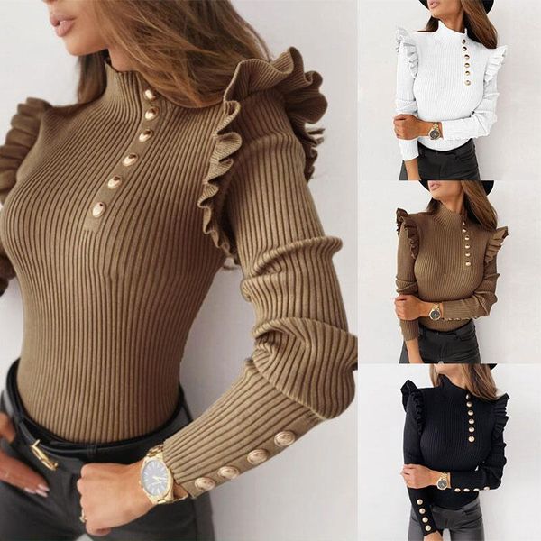 women's t-shirt female elegant solid color ruffle puff long sleeve buttoned bottoming shirt women fashion knit high neck, White
women's t-shirt female elegant solid color ruffle puff long sleeve buttoned bottoming shirt women fashion knit high neck, White