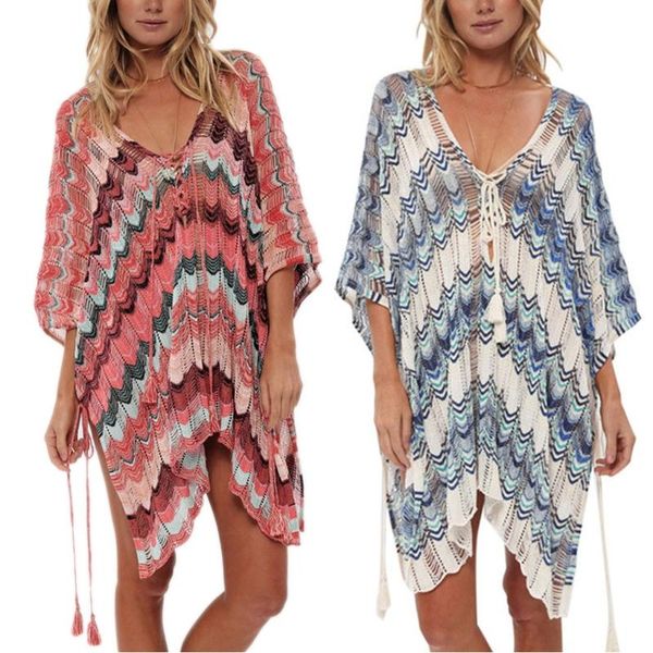 women's swimwear f62e women v-neck lace-up beach dress hollow out crochet striped bikini cover up, White;black
women's swimwear f62e women v-neck lace-up beach dress hollow out crochet striped bikini cover up, White;black