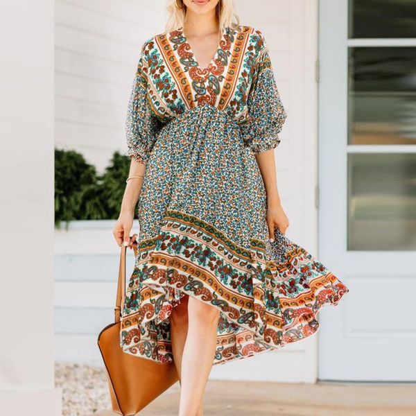 party dresses lantern sleeve boho midi dress women v neck positioning irregular hem floral bohemia loose flowy swing vestidos 40#, White;black
party dresses lantern sleeve boho midi dress women v neck positioning irregular hem floral bohemia loose flowy swing vestidos 40#, White;black