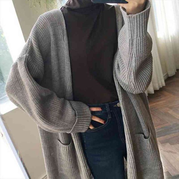 women solid color sweater long sleeve pockets loose midi coat autumn cardigan, White;black
women solid color sweater long sleeve pockets loose midi coat autumn cardigan, White;black