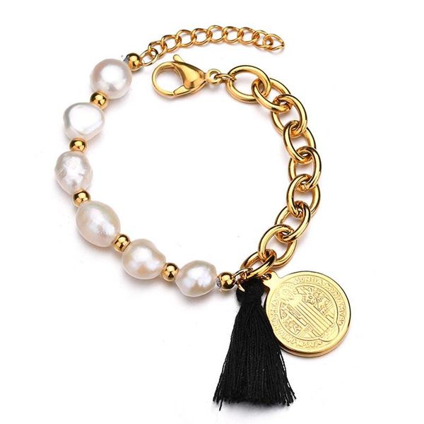 link, chain fashion pearl stitching bracele stainless steel jesus charm coin bracelet tassel gold color femme, Black
link, chain fashion pearl stitching bracele stainless steel jesus charm coin bracelet tassel gold color femme, Black