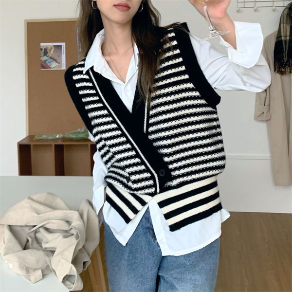 early autumn 2021 net red fashion knitted korean college stripe sweater vt women's, White
early autumn 2021 net red fashion knitted korean college stripe sweater vt women's, White