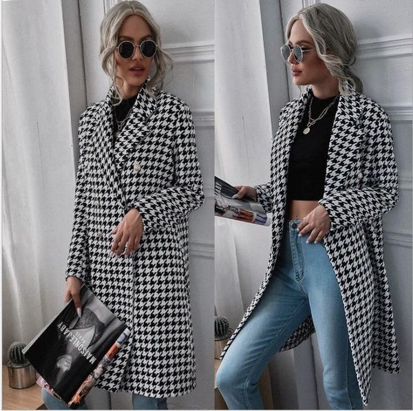 women's wool & blends 2021 european and american style fashion plover print long woolen coat in autumn winter., Black
women's wool & blends 2021 european and american style fashion plover print long woolen coat in autumn winter., Black