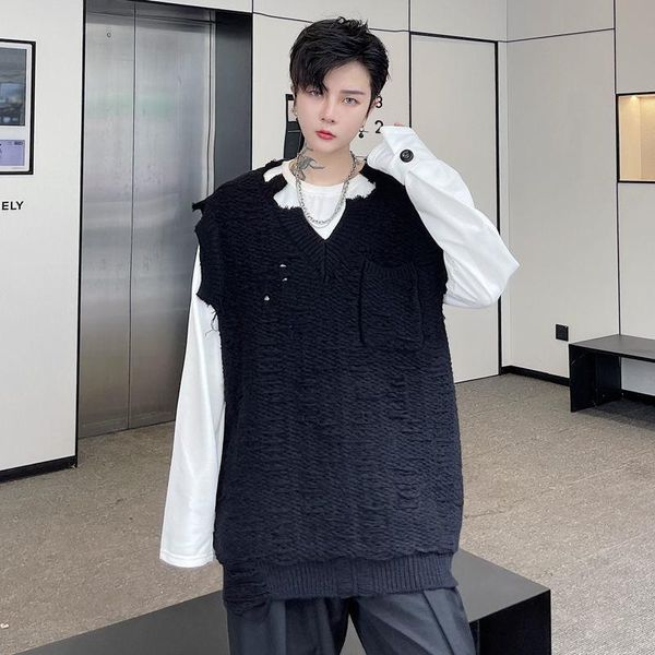 men's vests knitted vest v-neck handsome sweater korean trend streetwear male clothing 2021 fashion loose hole knitting, Black;white
men's vests knitted vest v-neck handsome sweater korean trend streetwear male clothing 2021 fashion loose hole knitting, Black;white