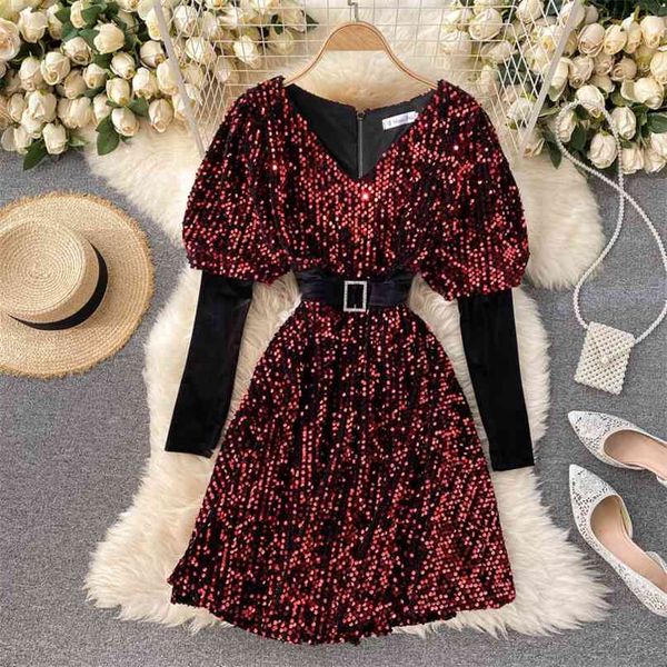 autumn winter women's dress blingbling sequined mini party patchwork puff sleeve v-neck christmas club 210603, Black;gray
autumn winter women's dress blingbling sequined mini party patchwork puff sleeve v-neck christmas club 210603, Black;gray