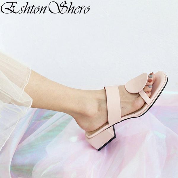 slippers eshtonshero summer shoes woman cow leather+pu women med heel slip on pink beach ladies wedding slides size 34-39, Black