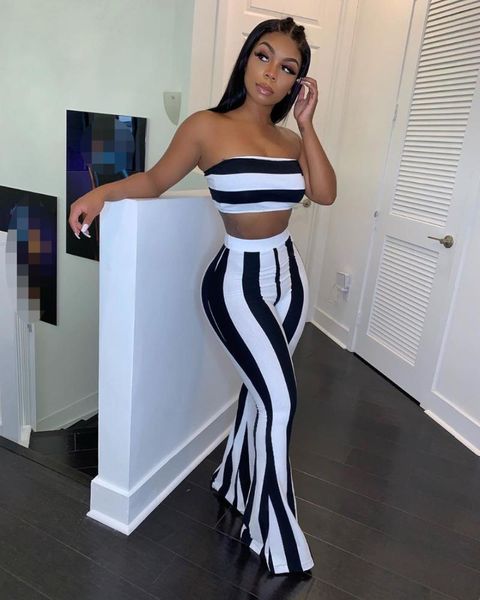 women's two piece pants 2021 stripe women cropped two-piece summer sleeveless tube high waist flared suit, White
women's two piece pants 2021 stripe women cropped two-piece summer sleeveless tube high waist flared suit, White