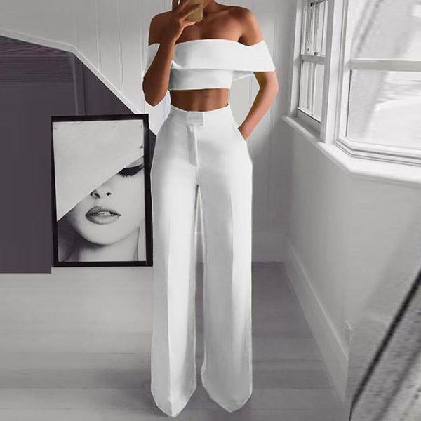 women's two piece pants summer off shoulder crop + pocket long women sets clothes spring slash neck office lady suit solid casual o, White
women's two piece pants summer off shoulder crop + pocket long women sets clothes spring slash neck office lady suit solid casual o, White