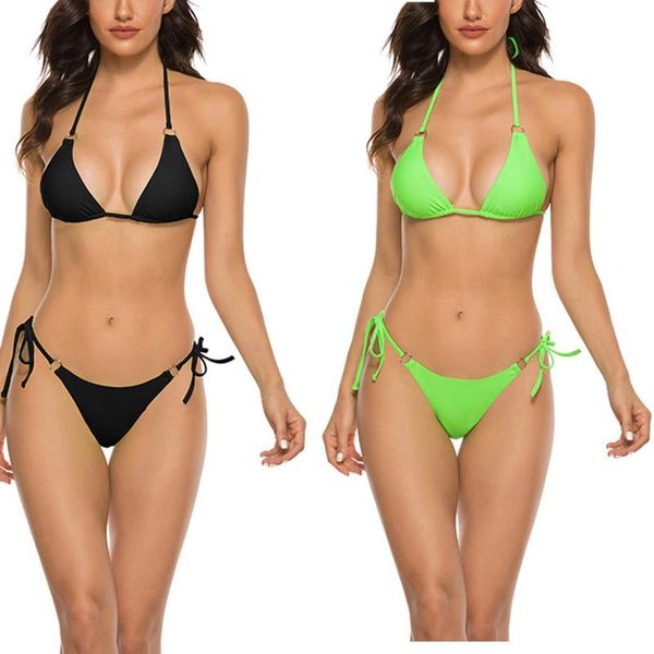 women swimsuit fashion halter buckle solid bikini swimwear 
women swimsuit fashion halter buckle solid bikini swimwear