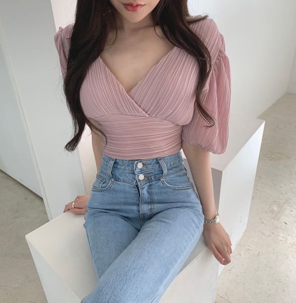 female popular korean style blusas elegant v-neck pleated puff sleeve shirts chiffon backless short solid color blouse, White
female popular korean style blusas elegant v-neck pleated puff sleeve shirts chiffon backless short solid color blouse, White