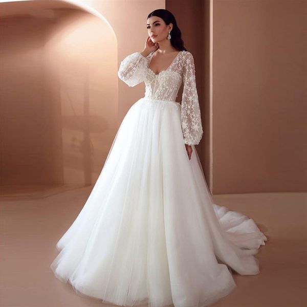 a line lace long sleeves wedding dresses appliques sweetheart neck lace-up back sweep train tulle plus size bridal gowns, White
a line lace long sleeves wedding dresses appliques sweetheart neck lace-up back sweep train tulle plus size bridal gowns, White