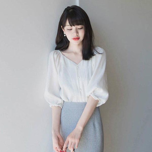 women's knits & tees blouses women shirts three quarter lantern sleeve buttons v-neck elegant all-match slim korean style solid fairy t, White
women's knits & tees blouses women shirts three quarter lantern sleeve buttons v-neck elegant all-match slim korean style solid fairy t, White