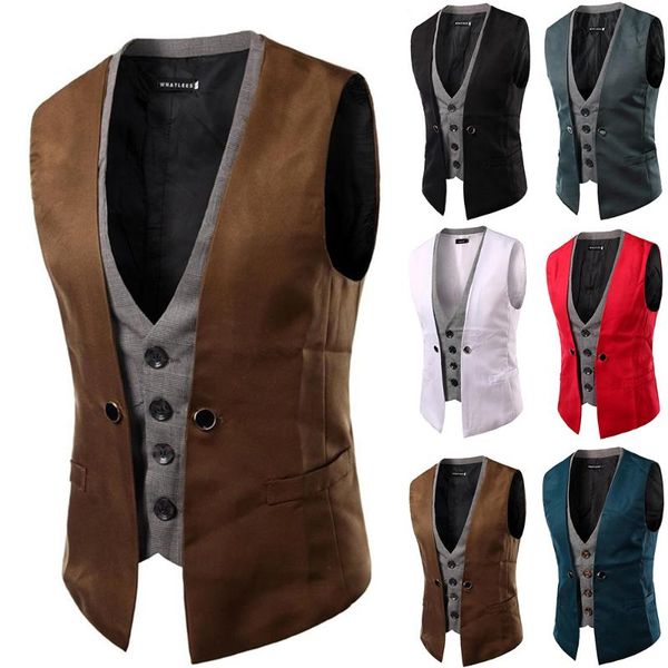 men's vests v neck patchwork vest men button up casual fake two piece blazer wedding waistcoat spring autumn male clothing, Black;white
men's vests v neck patchwork vest men button up casual fake two piece blazer wedding waistcoat spring autumn male clothing, Black;white