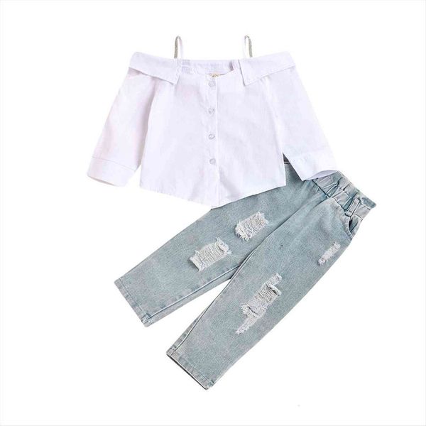 sping kids baby girls fashion 2 piece outfit set long sleeve off shoulder white ripped jeans denim autumn 
sping kids baby girls fashion 2 piece outfit set long sleeve off shoulder white ripped jeans denim autumn