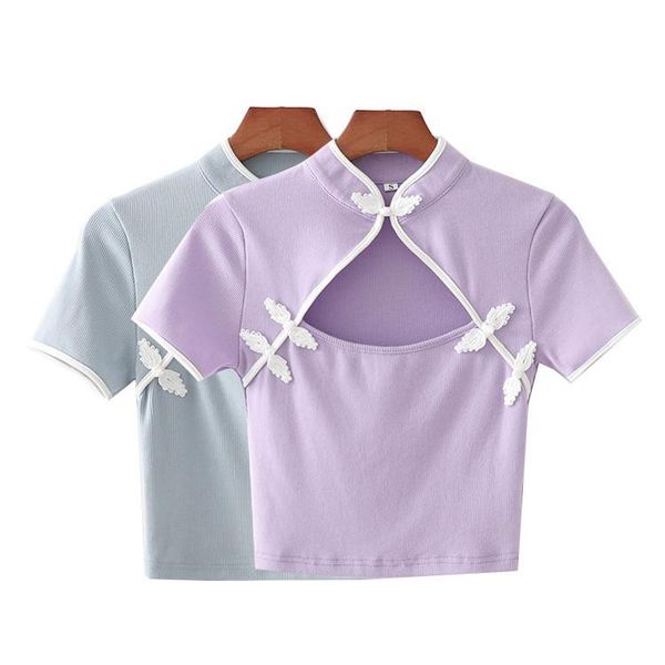 women's t-shirt chinese cheongsam collar t-shirt, style chest openwork, slim and thin buckle jacket in summer woman tshirts casual, White
women's t-shirt chinese cheongsam collar t-shirt, style chest openwork, slim and thin buckle jacket in summer woman tshirts casual, White