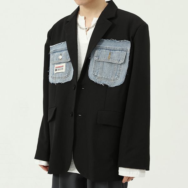 design new denim patchwork double pockets casual suit jackcet for men 2021 autumn korean trend loose black blazer 9y9507, White;black
design new denim patchwork double pockets casual suit jackcet for men 2021 autumn korean trend loose black blazer 9y9507, White;black