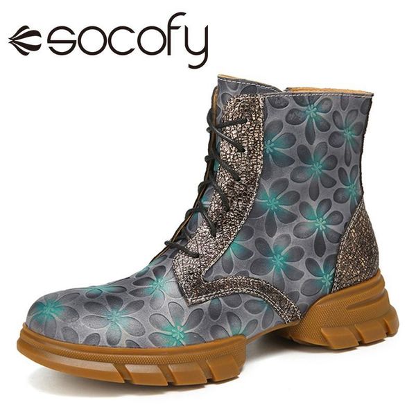 boots socofy women embossed cowhide leather flower pattern splicing round toes daily flat waterproof short fashion elegant, Black
boots socofy women embossed cowhide leather flower pattern splicing round toes daily flat waterproof short fashion elegant, Black