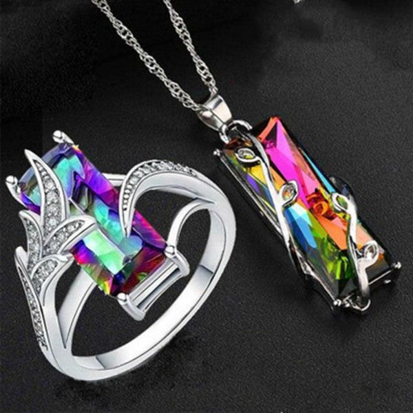earrings & necklace multicolored rectangular stone ladies ring/necklace set novel design anniversary party female jewelry wedding engagement, Silver
earrings & necklace multicolored rectangular stone ladies ring/necklace set novel design anniversary party female jewelry wedding engagement, Silver