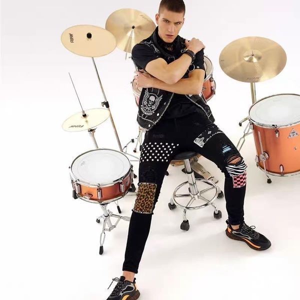 men's jeans stars printed slim rivet holes ripped stretch denim pants plaid trousers camouflage leopard patchwork, Blue
men's jeans stars printed slim rivet holes ripped stretch denim pants plaid trousers camouflage leopard patchwork, Blue