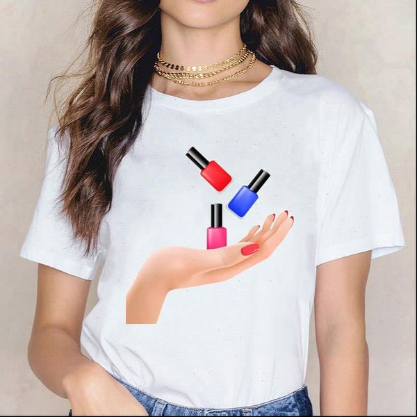 women summer new cotton tshirt graphic 3d finger nail paint color fashion cute printed female all matched clothes, White
women summer new cotton tshirt graphic 3d finger nail paint color fashion cute printed female all matched clothes, White