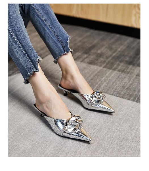 slippers kitten heels summer women gold metal chain mules leather designer ladies slides runway dress shoes for 2021, Black
slippers kitten heels summer women gold metal chain mules leather designer ladies slides runway dress shoes for 2021, Black