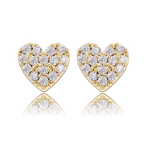 hip hop heart shape stud earring bling 18k real gold plated 925 sterling silver prevent allergy earrings for women gift, Golden;silver