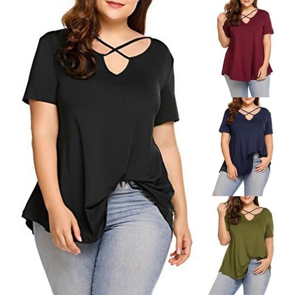 women's t-shirt women casual solid color hollow cross v neck plus size ladies short sleeve loose, White
women's t-shirt women casual solid color hollow cross v neck plus size ladies short sleeve loose, White