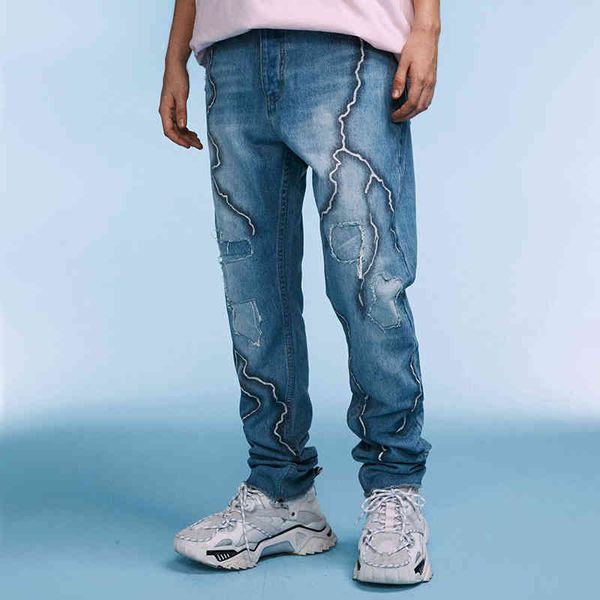men's jeans men hip ripped hole sewn lightning print denim pants harajuku streetwear autumn cotton trousers urban clothes ae2a, Blue
men's jeans men hip ripped hole sewn lightning print denim pants harajuku streetwear autumn cotton trousers urban clothes ae2a, Blue